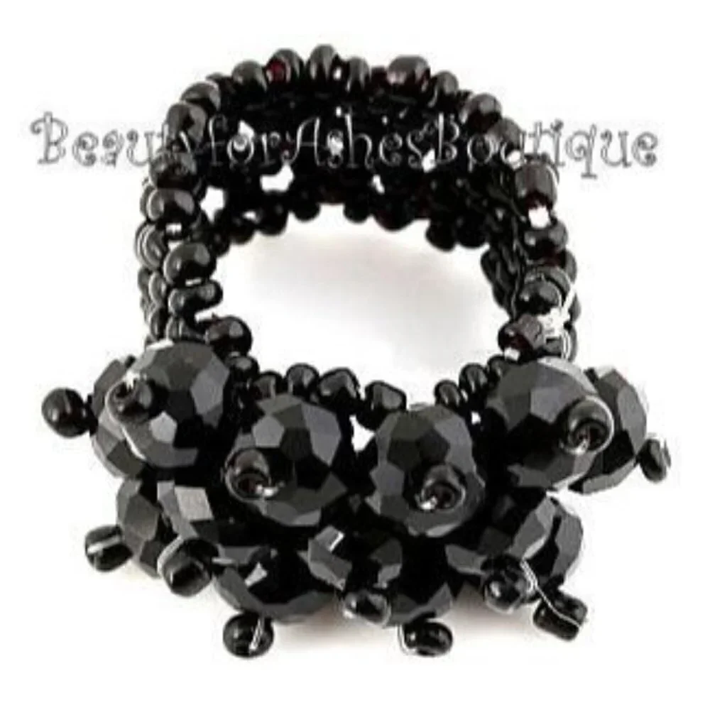 Black Faceted Crystal Seed Bead One Size Stretch Ring 7-10